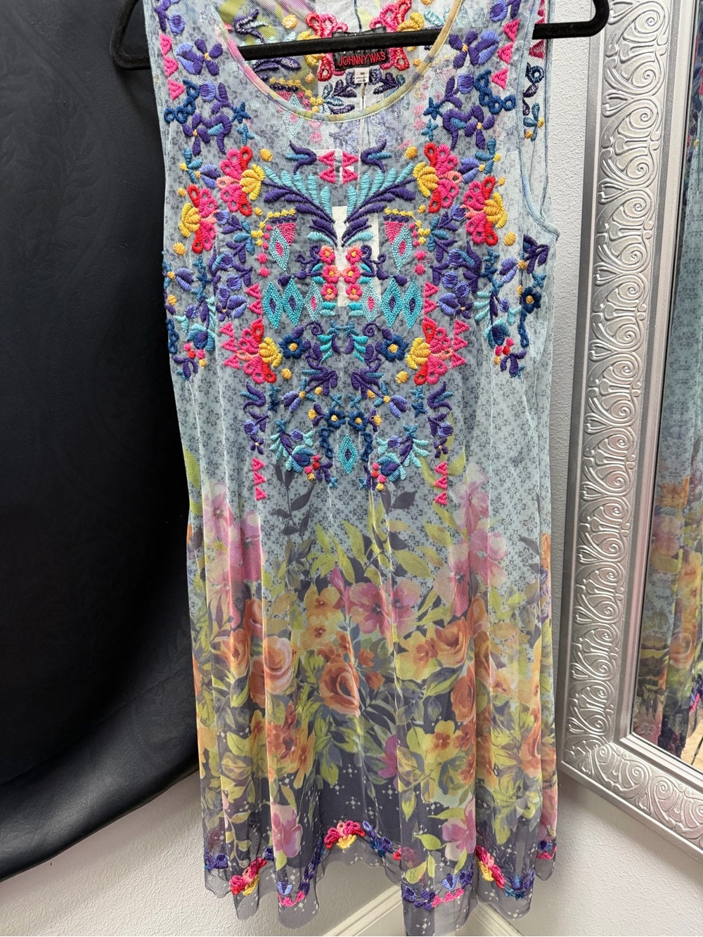 Johnny Was Light Blue Floral Embroidered Midi Dress